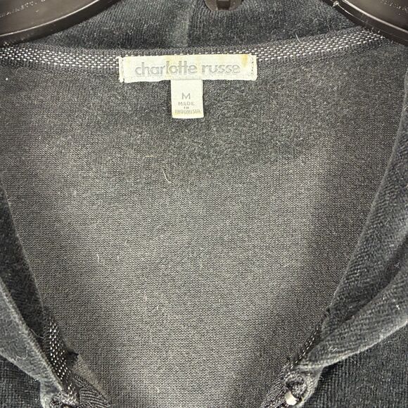 Y2K Vintage Black Velour Velvet Zip Hoodie Rhinestones Sz Medium Paris Spears - Picture 7 of 8